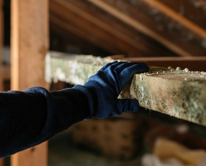 Om du ser svarta, gröna eller grå fläckar på träbjälkar, väggar eller tak, kan det vara tecken på mögel