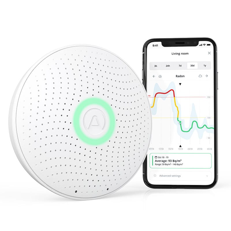 Avancerad elektronisk radondetektor, som kan anslutas till en mobiltelefon eller surfplatta. Kan också mäta CO₂ och VOC