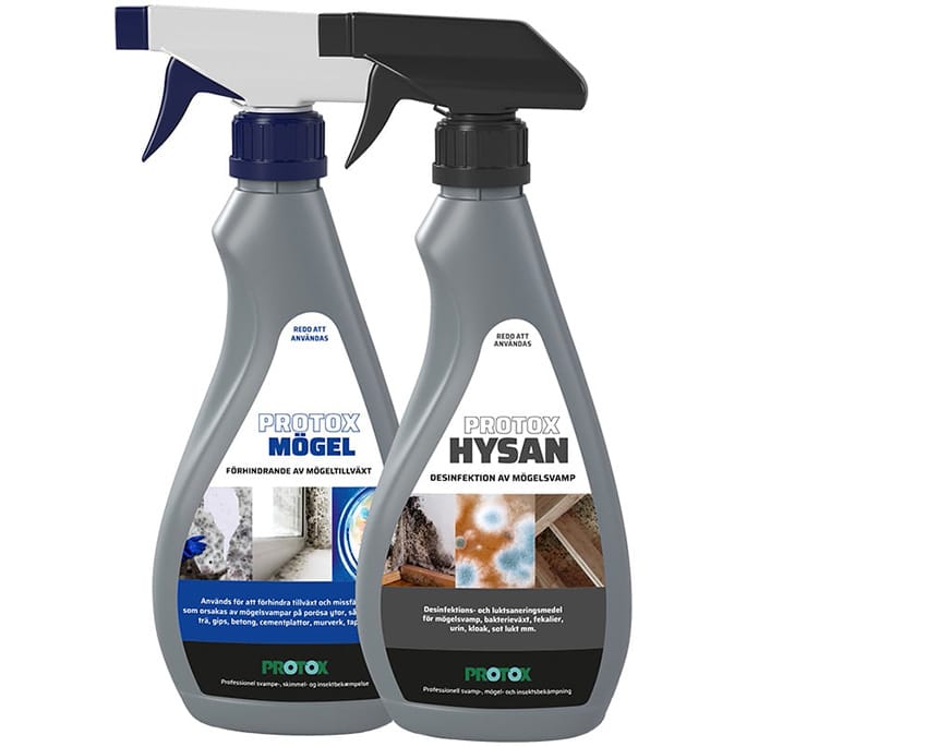 Vi rekommenderar våra Protox Hysan och Protox Mögel för både rengöring och förebyggande av mögel