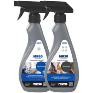 Rengöring-och-förhindrande set med två 0,5L färdiga sprayflaskor som gör att både rengöra och förhindra ny mögeltillväxt. Innehåller Protox MR30 (Hysan) och Protox MR60 (Mögel)