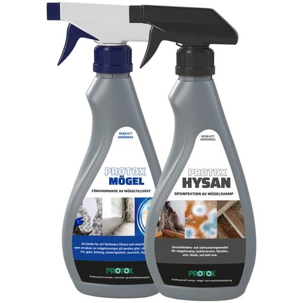 Rengöring-och-förhindrande set med två 0,5L färdiga sprayflaskor som gör att både rengöra och förhindra ny mögeltillväxt. Innehåller Protox Hysan och Protox Mögel